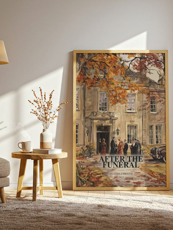 After The Funeral watercolour print in frame leaning in hallway – mystery wall art
