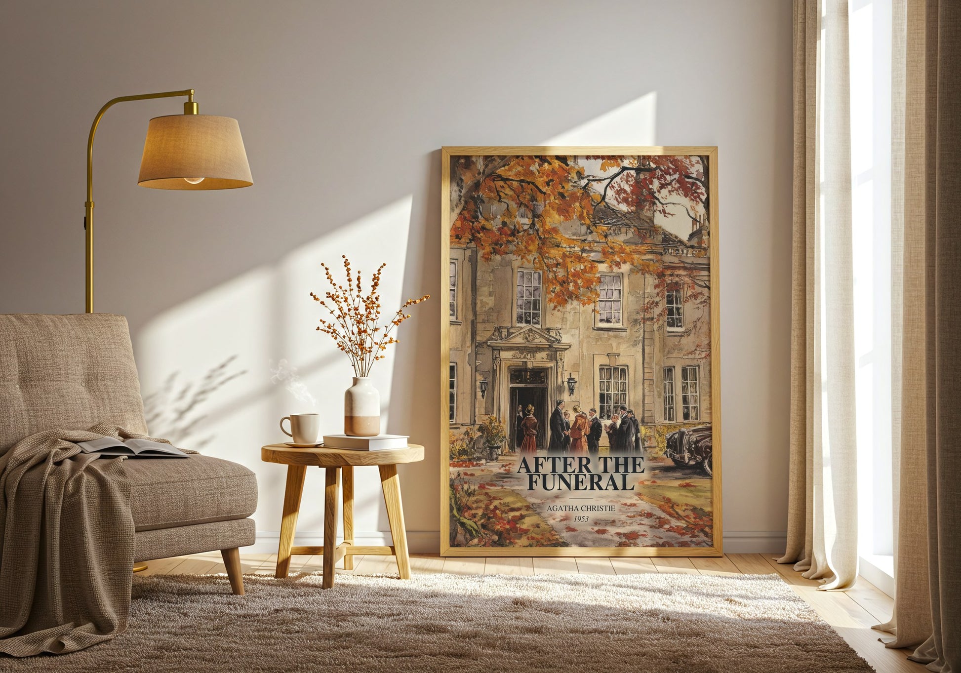After The Funeral watercolour print in frame leaning in hallway – mystery wall art