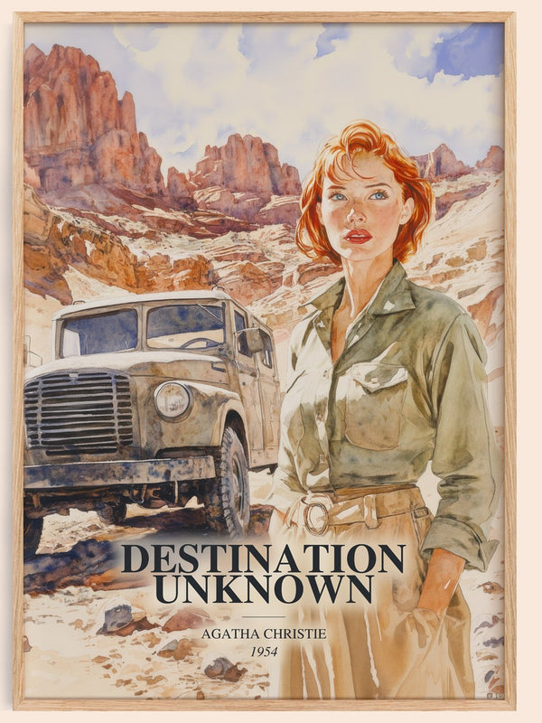 Destination Unknown watercolour book poster by Agatha Christie – framed literary art print