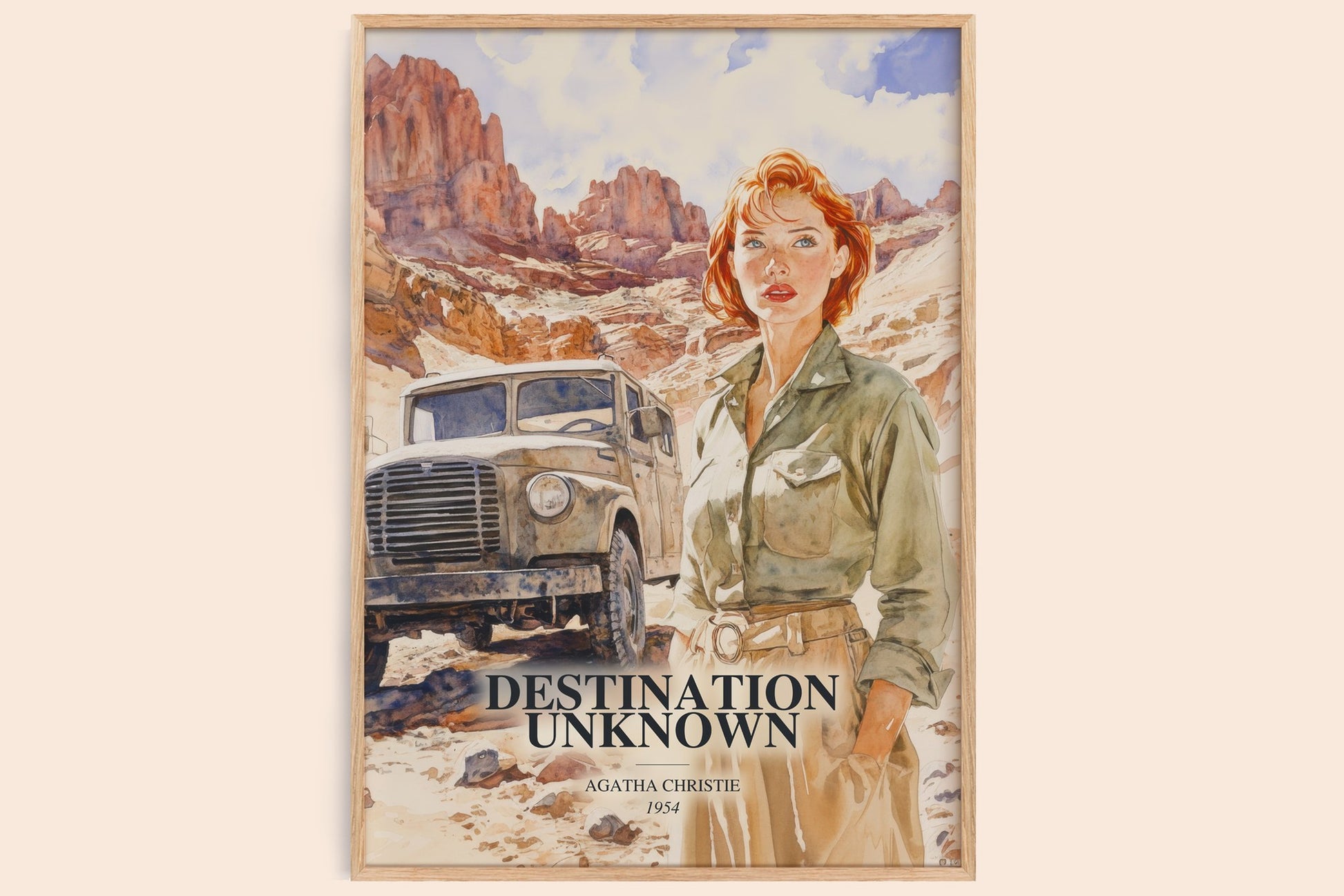 Destination Unknown watercolour book poster by Agatha Christie – framed literary art print