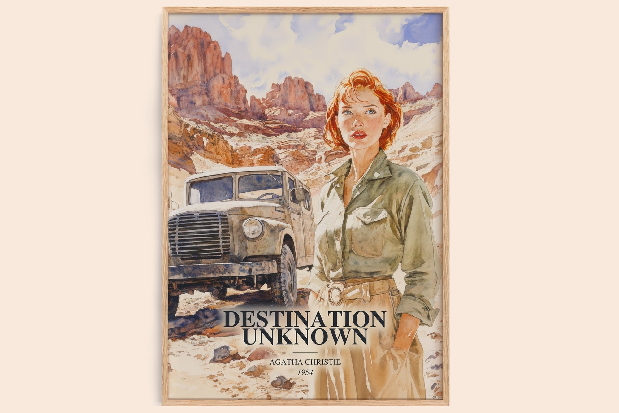Destination Unknown watercolour book poster by Agatha Christie – framed literary art print