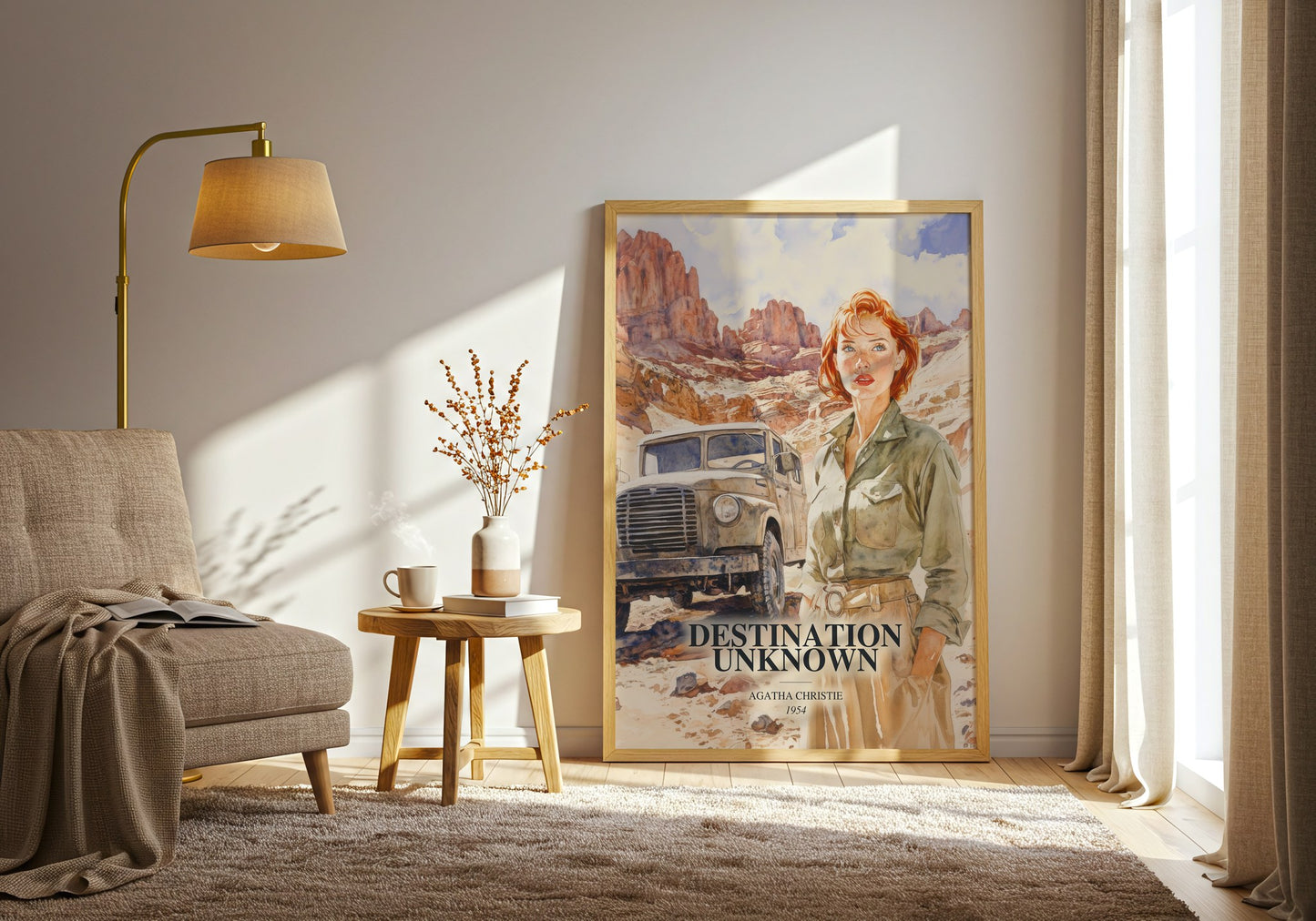 Destination Unknown watercolour print in frame leaning in hallway – mystery wall art