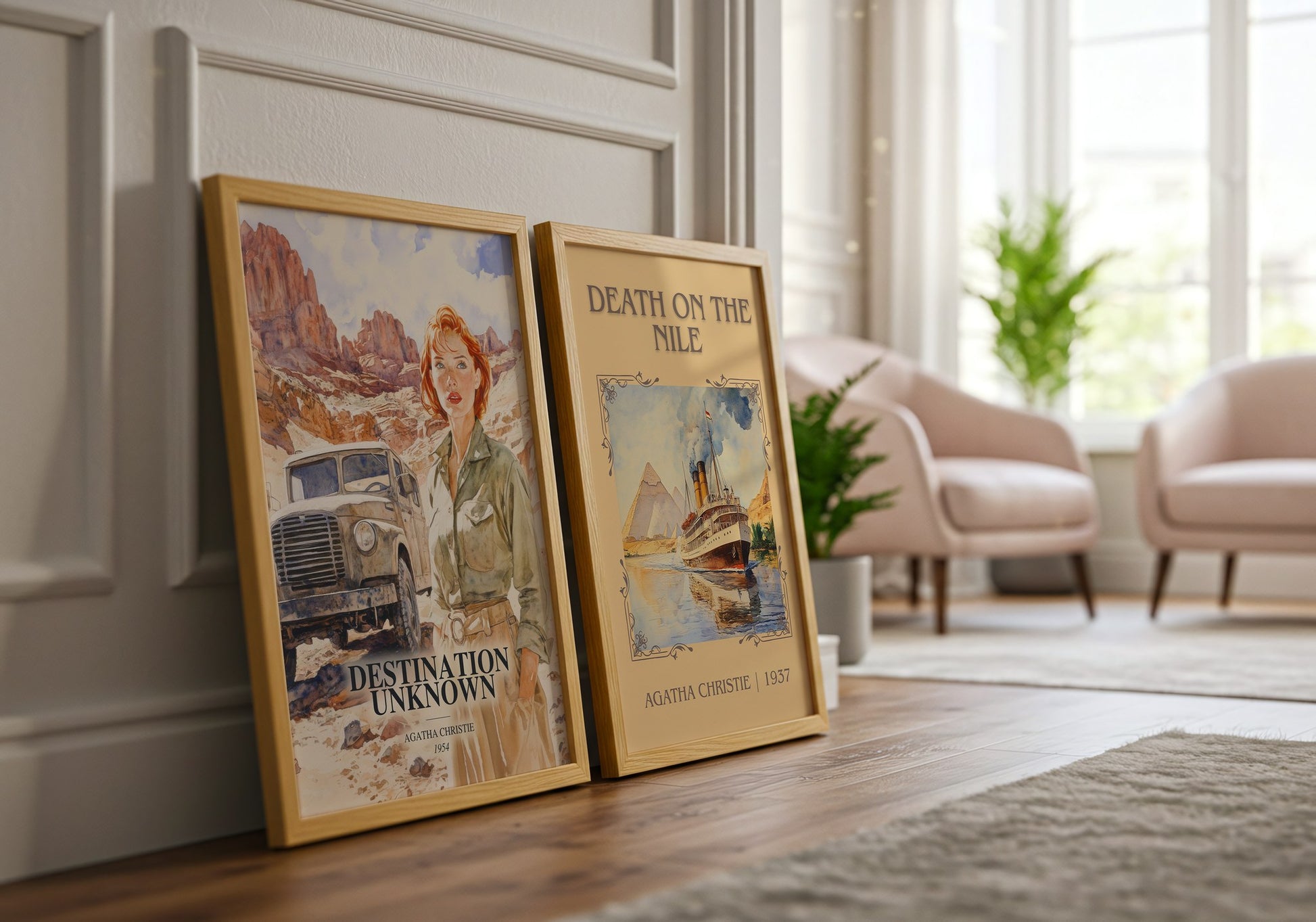 Destination Unknown watercolour print framed by window – literary home decor