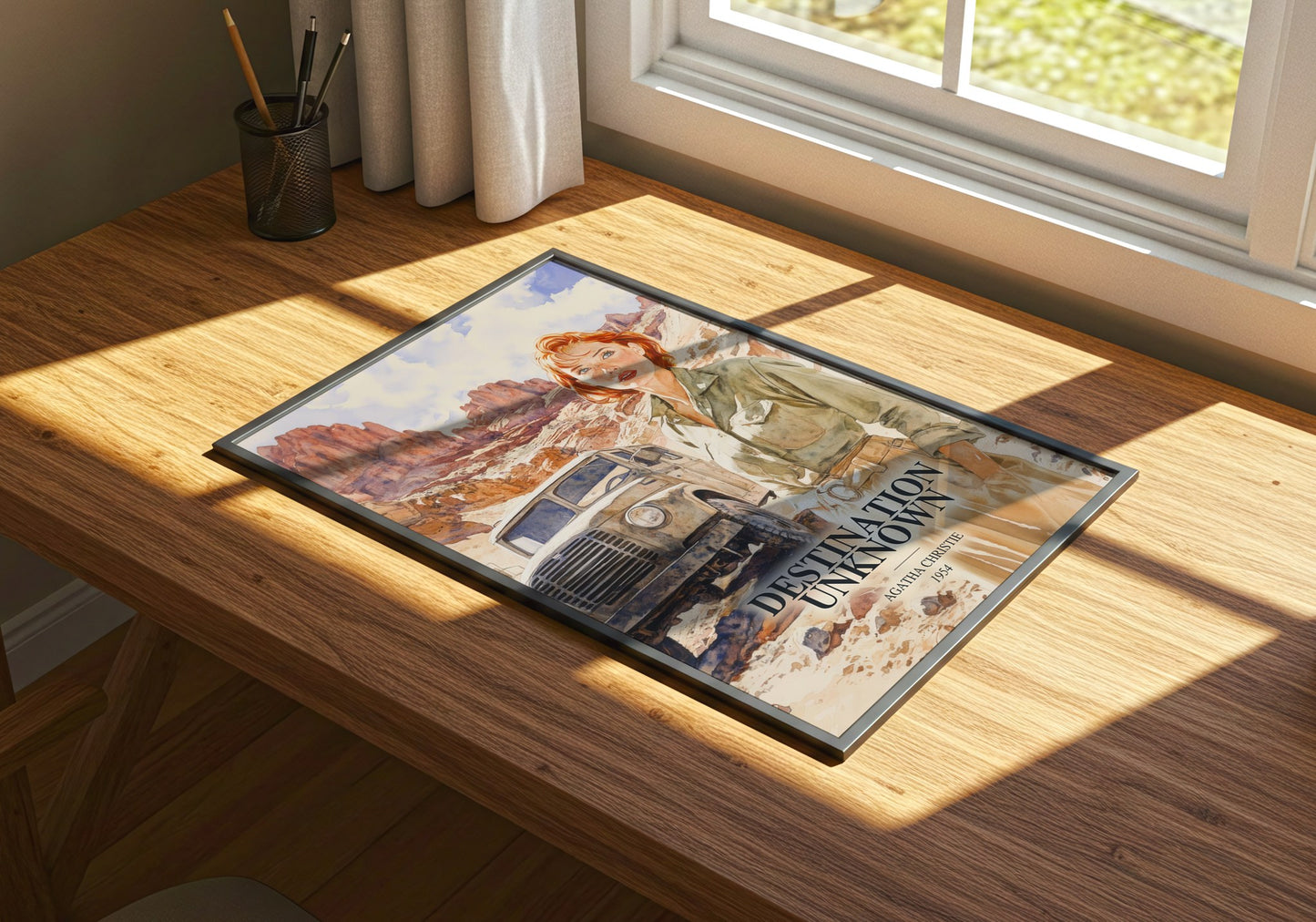 Destination Unknown watercolour book poster framed on wall – mystery wall art