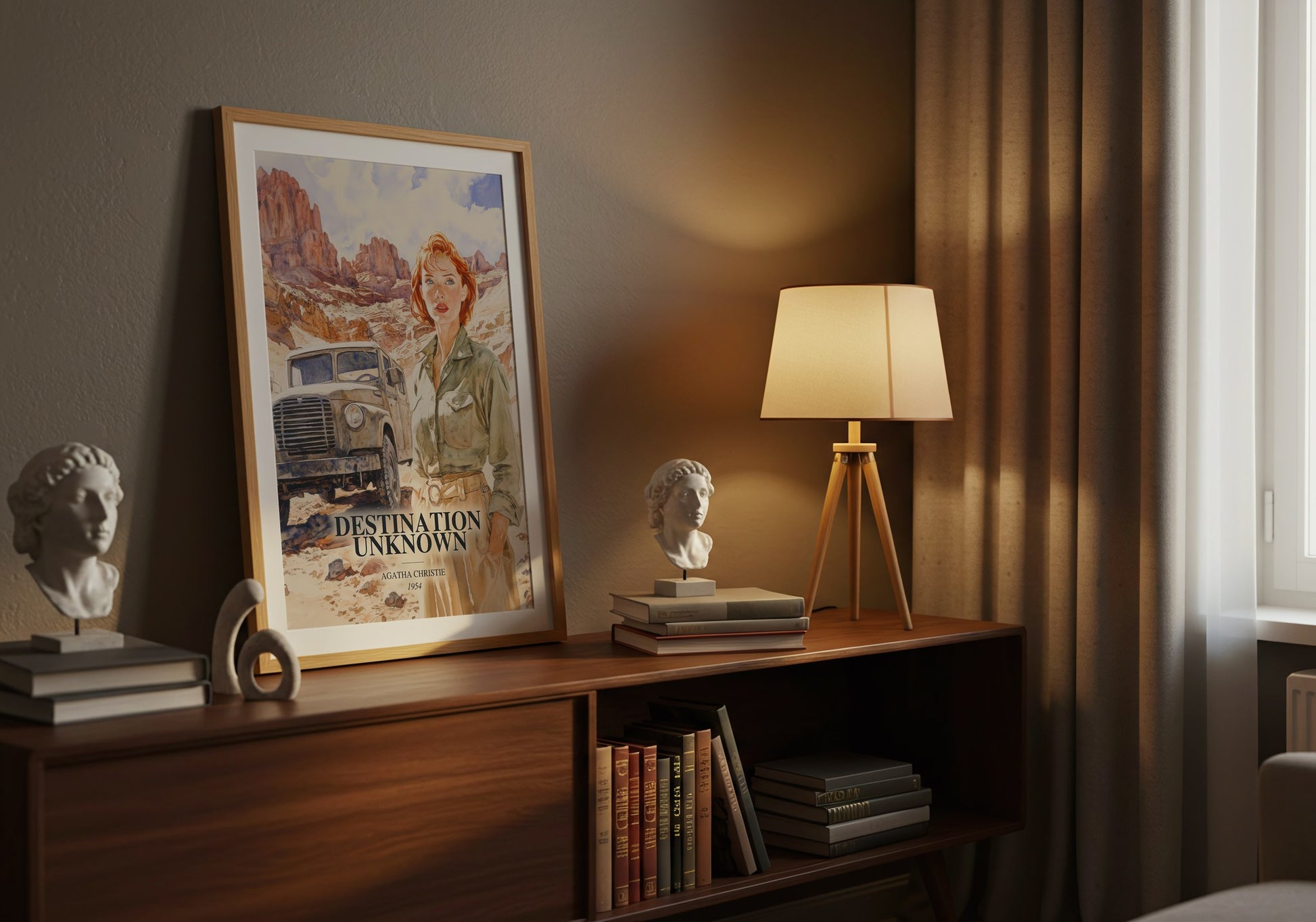 Destination Unknown watercolour print on bookshelf – Agatha Christie fan gift