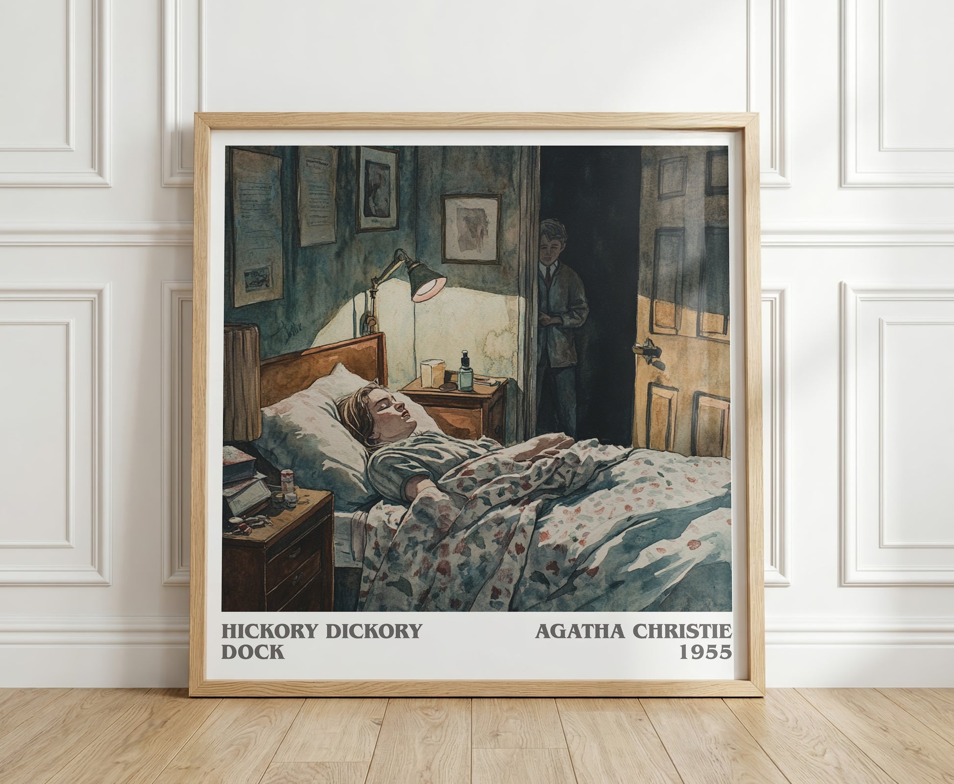 Hickory Dickory Dock literary print in frame leaning in hallway – mystery wall art