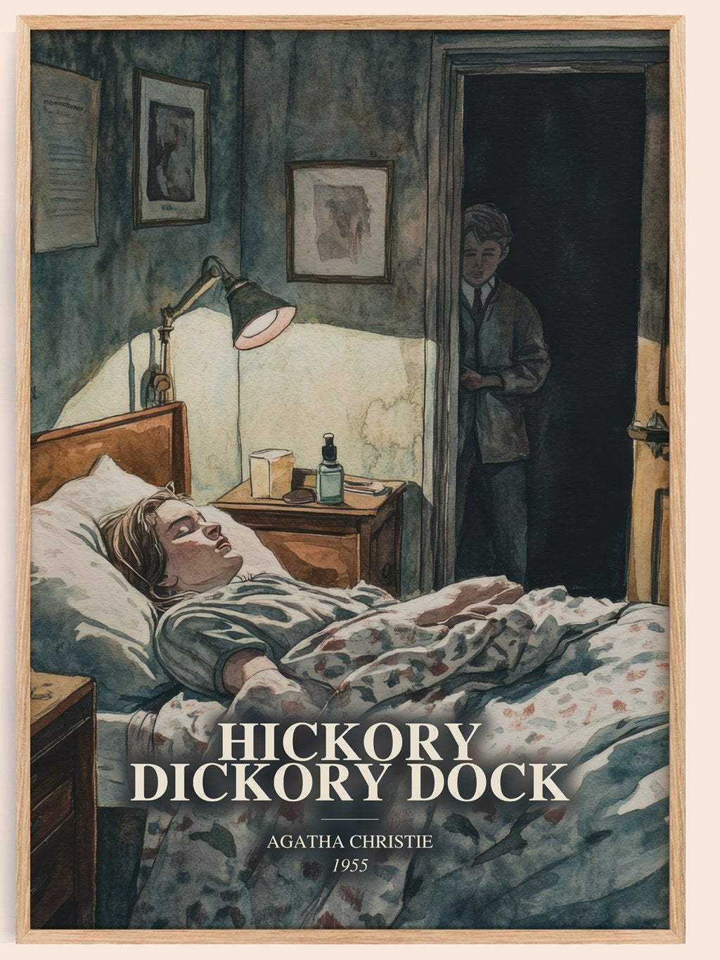 Hickory Dickory Dock watercolour book poster by Agatha Christie – framed literary art print