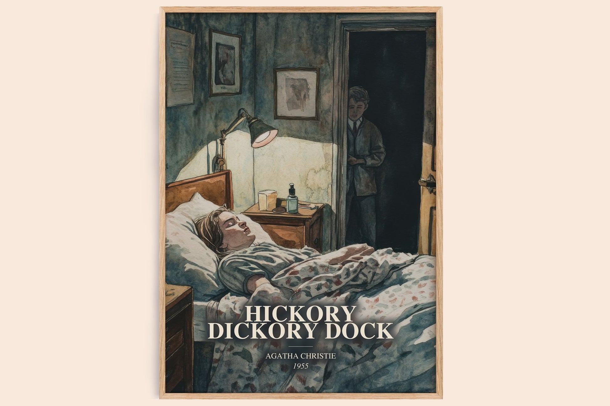 Hickory Dickory Dock watercolour book poster by Agatha Christie – framed literary art print