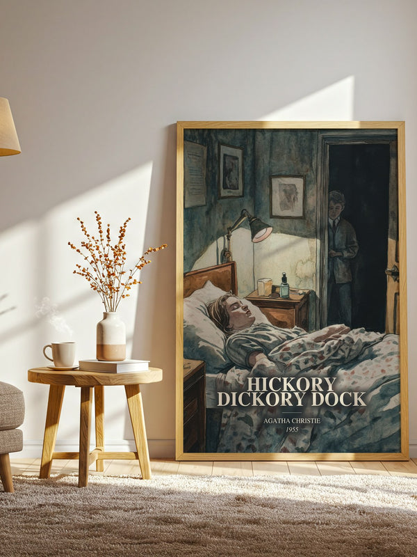 Hickory Dickory Dock watercolour print in frame leaning in hallway – mystery wall art