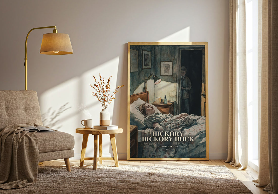 Hickory Dickory Dock watercolour print in frame leaning in hallway – mystery wall art (mockup)