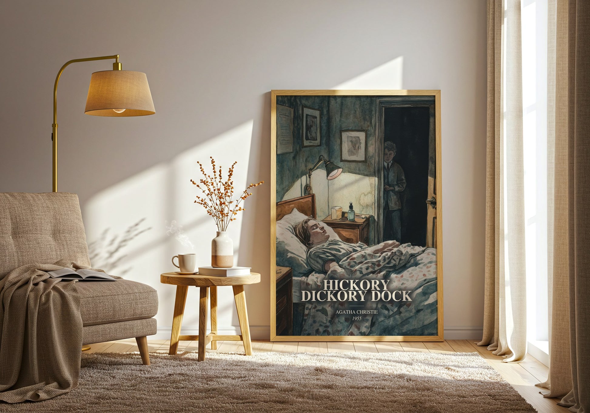 Hickory Dickory Dock watercolour print in frame leaning in hallway – mystery wall art