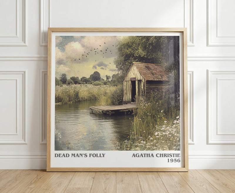 Dead Man's Folly literary print in frame leaning in hallway – mystery wall art