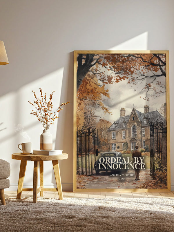 Ordeal By Innocence watercolour print in frame leaning in hallway – mystery wall art