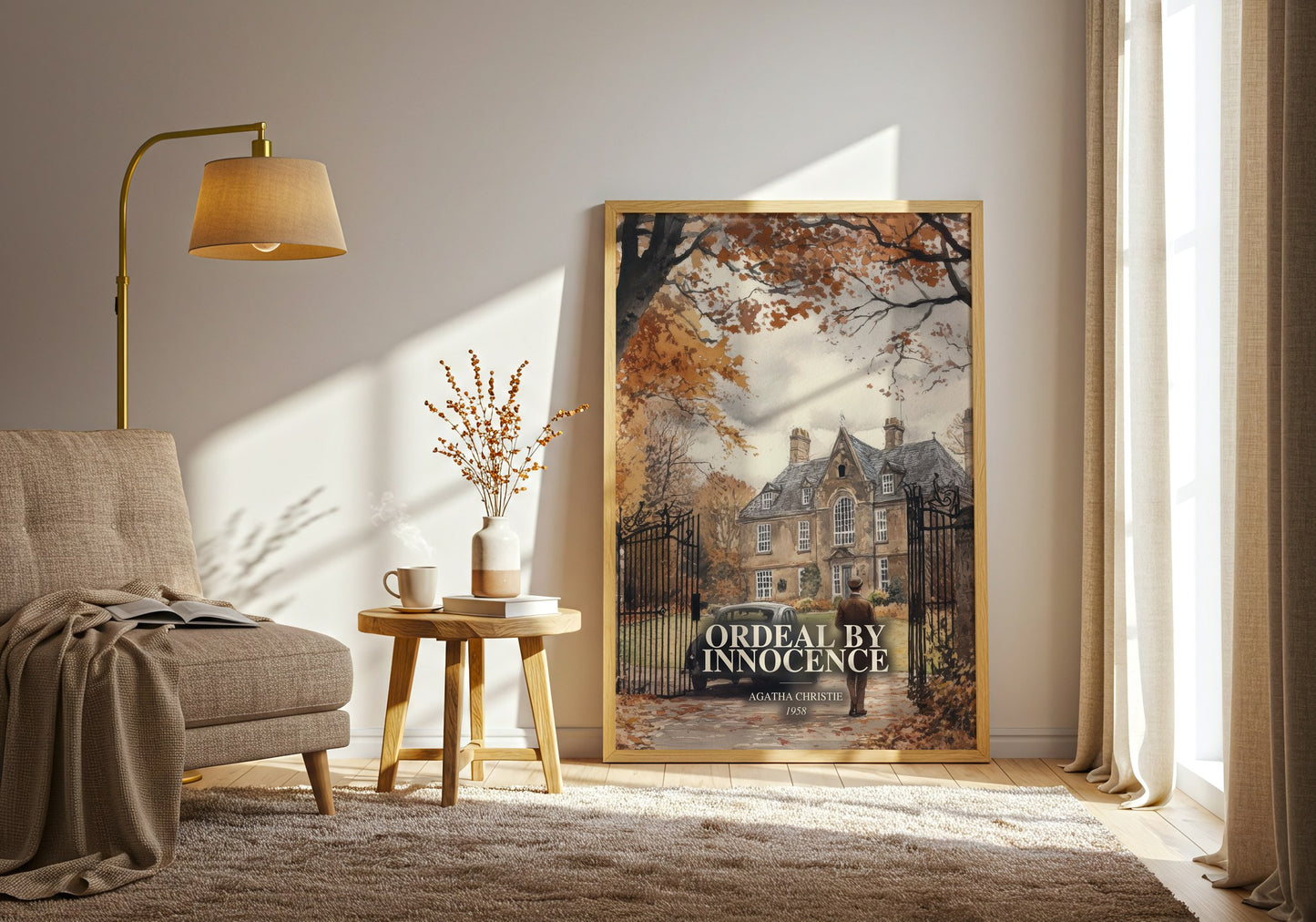 Ordeal By Innocence watercolour print in frame leaning in hallway – mystery wall art