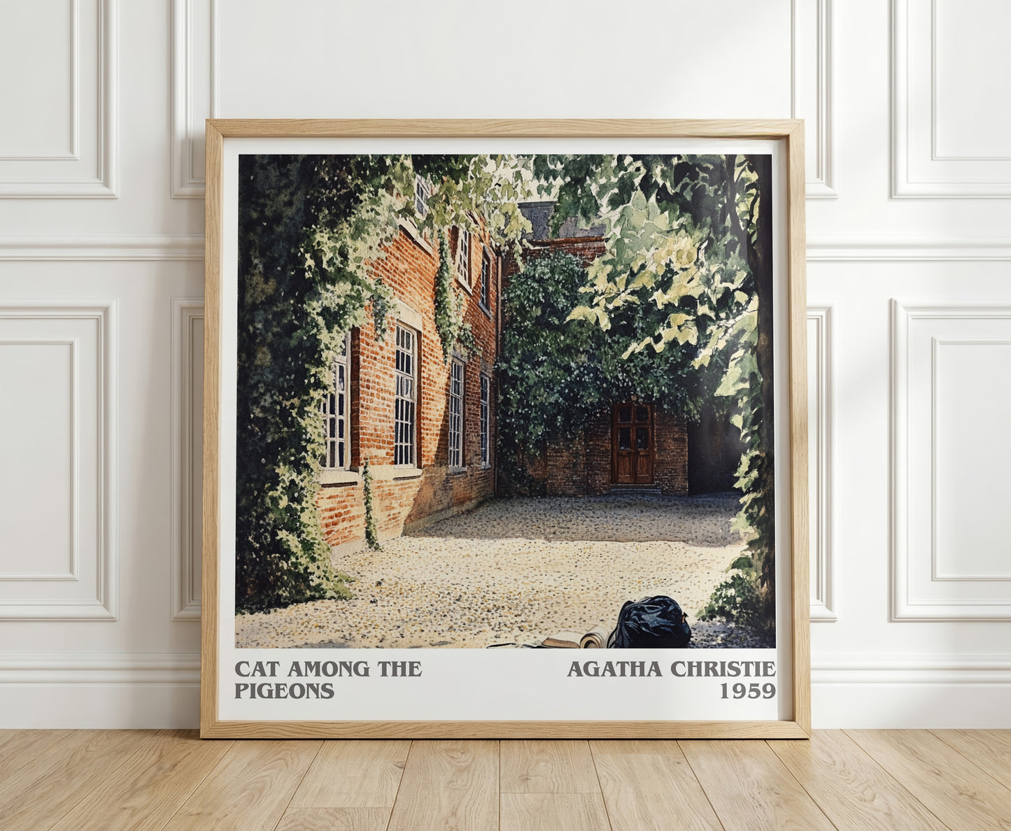 Cat Among the Pigeons literary print in frame leaning in hallway – mystery wall art