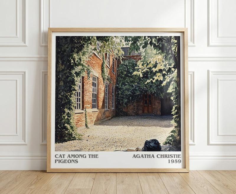 Cat Among the Pigeons literary print in frame leaning in hallway – mystery wall art
