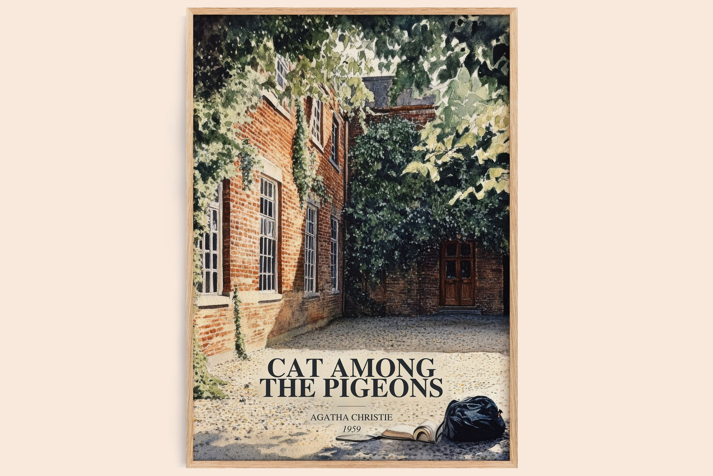 Cat Among The Pigeons watercolour book poster by Agatha Christie – framed literary art print
