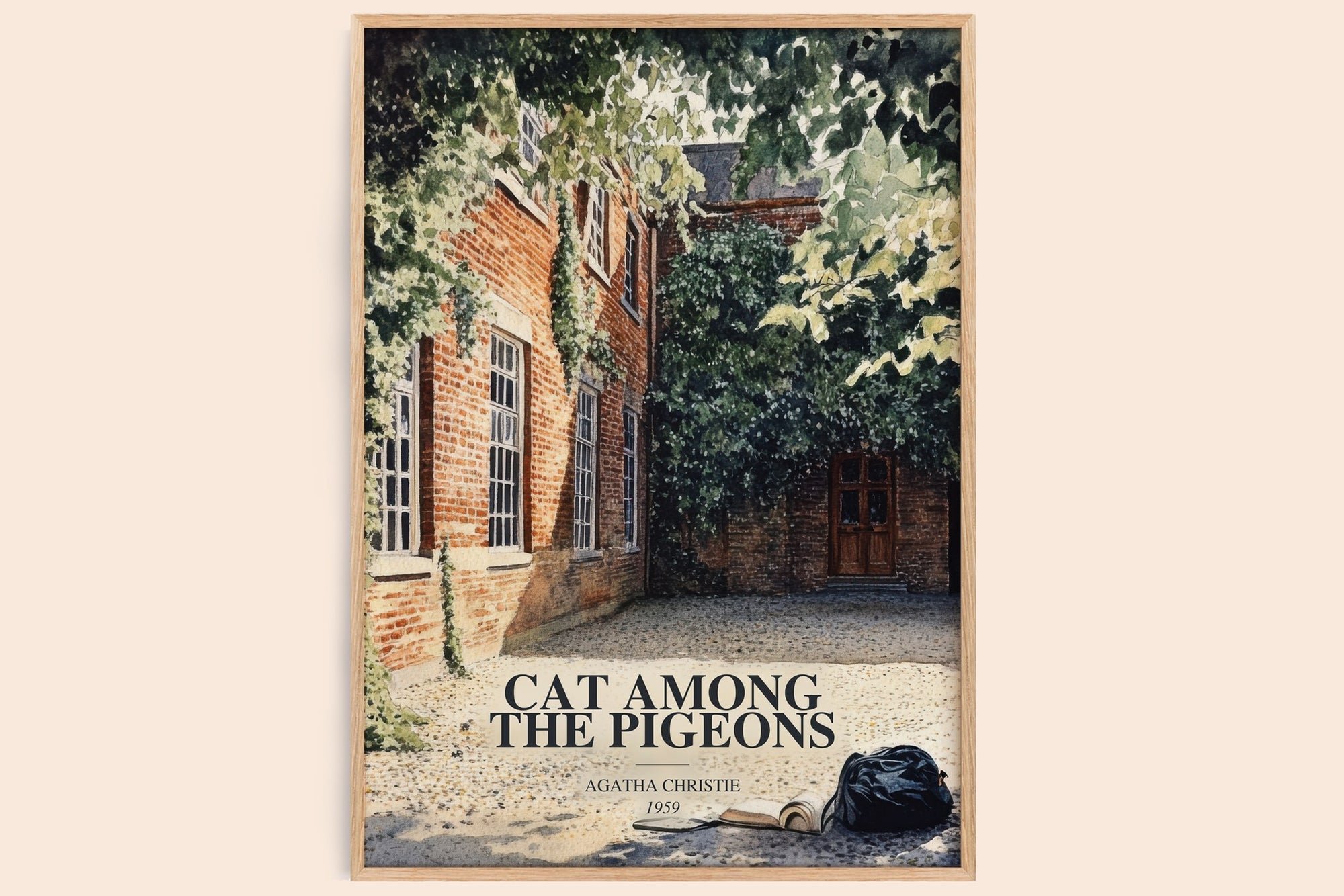 Cat Among The Pigeons watercolour book poster by Agatha Christie – framed literary art print