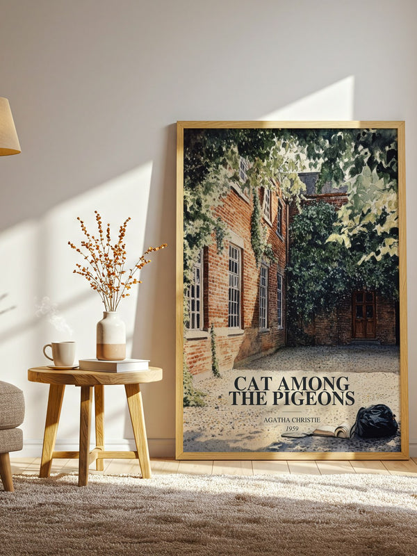 Cat Among The Pigeons watercolour print in frame leaning in hallway – mystery wall art