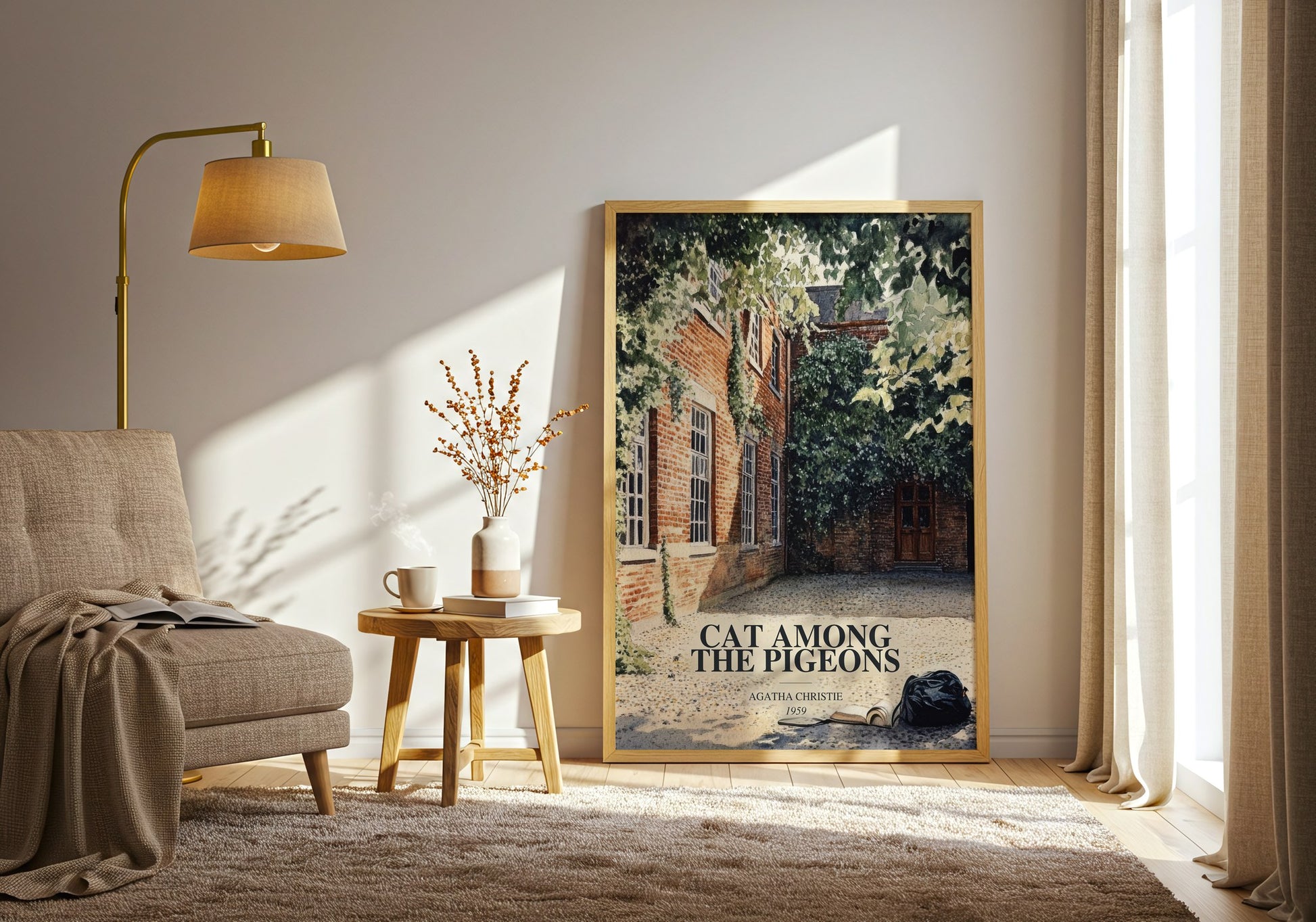 Cat Among The Pigeons watercolour print in frame leaning in hallway – mystery wall art