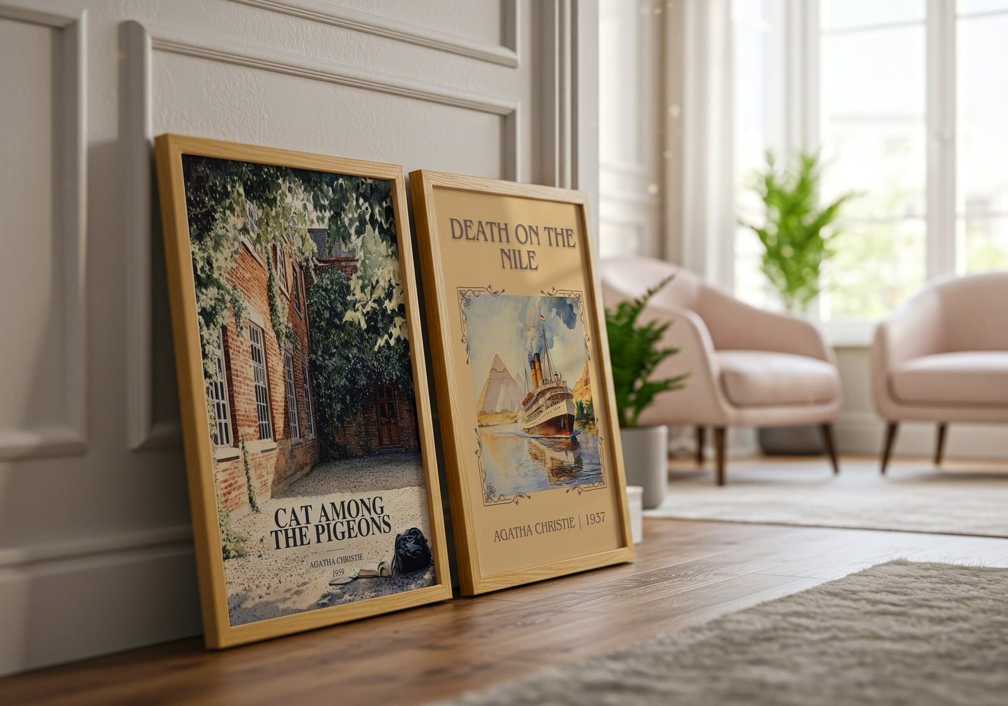 Cat Among The Pigeons watercolour print framed by window – literary home decor