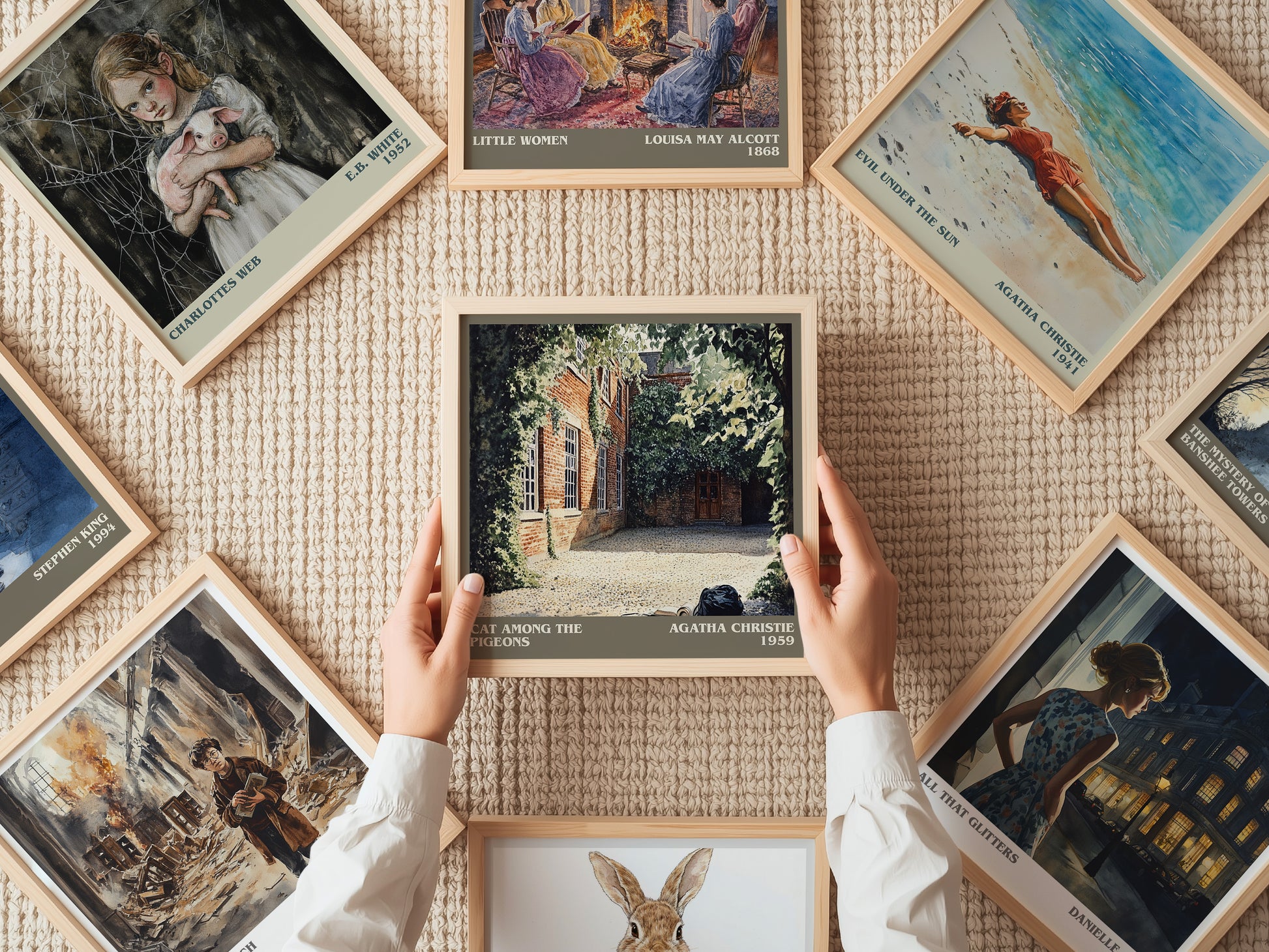 Cat Among the Pigeons literary print on bookshelf – Agatha Christie fan gift