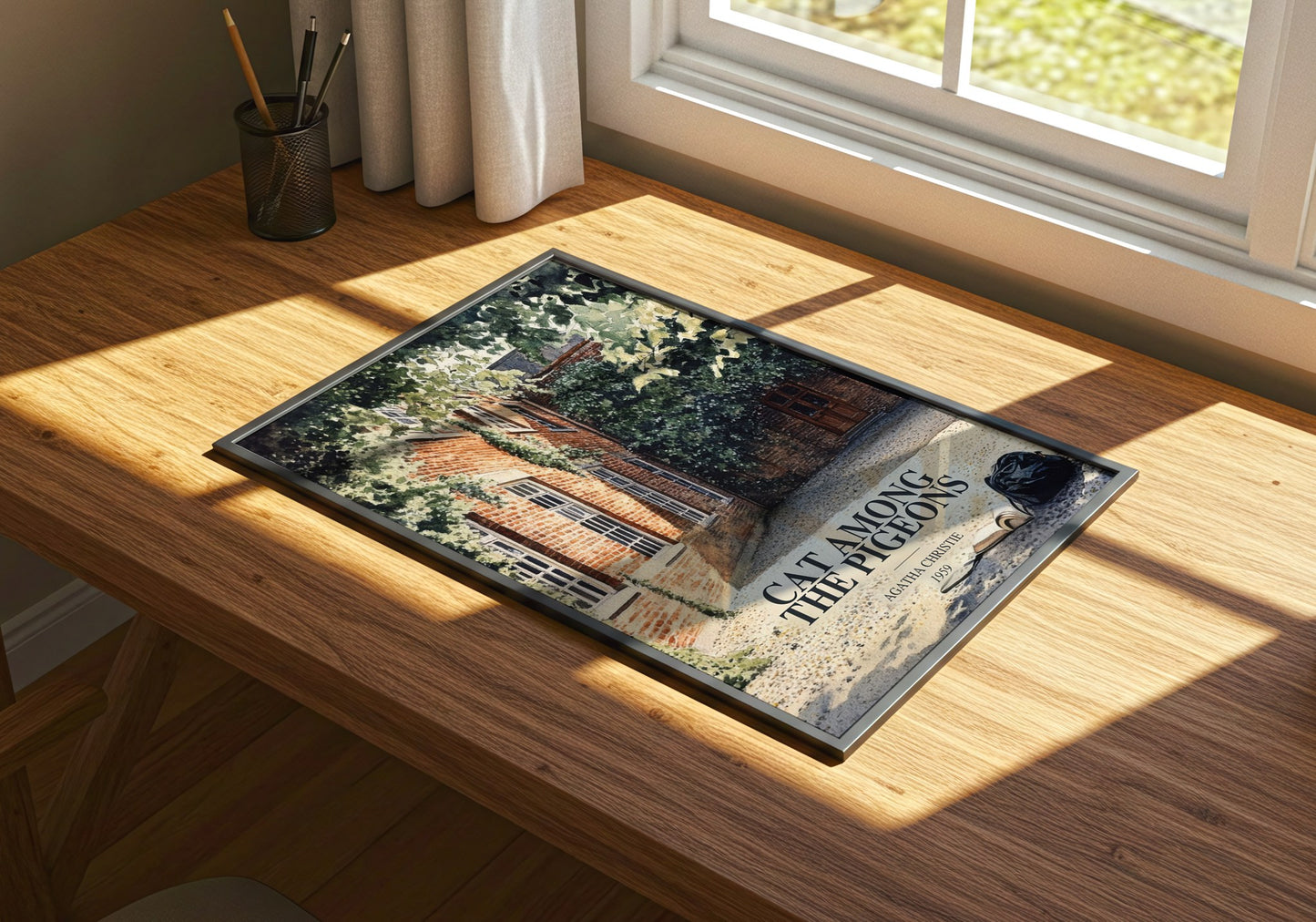 Cat Among The Pigeons watercolour book poster framed on wall – mystery wall art