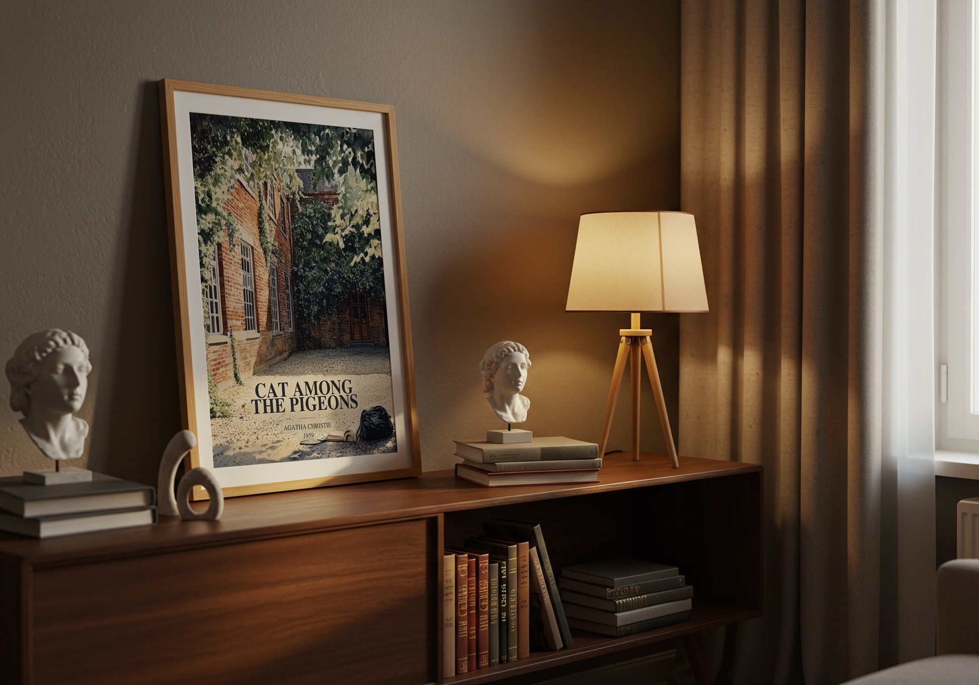 Cat Among The Pigeons watercolour print on bookshelf – Agatha Christie fan gift