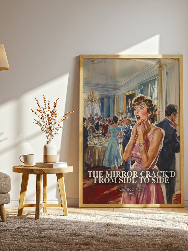 The Mirror Crack'D From Side To Side watercolour print in frame leaning in hallway – mystery wall art