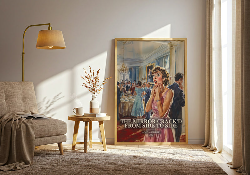 The Mirror Crack'D From Side To Side watercolour print in frame leaning in hallway – mystery wall art
