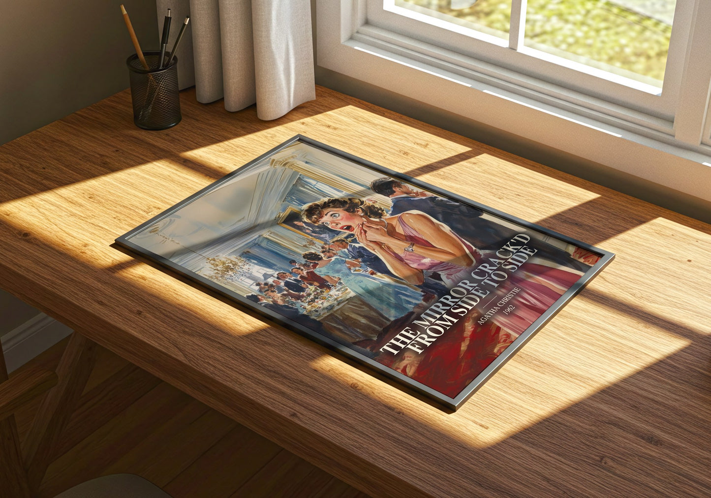 The Mirror Crack'D From Side To Side watercolour book poster framed on wall – mystery wall art