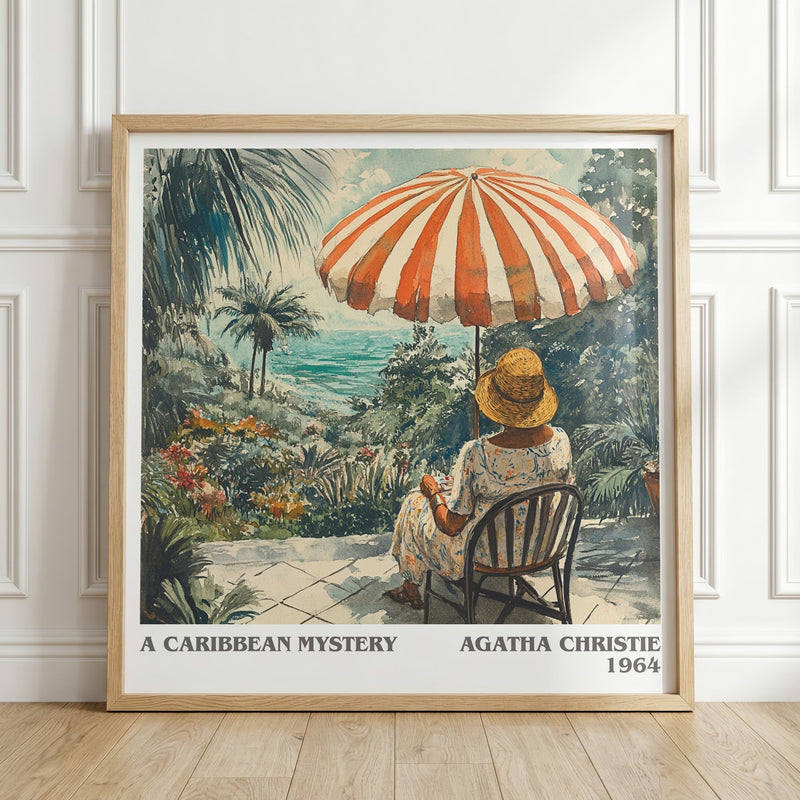 A Caribbean Mystery literary print in frame leaning in hallway – mystery wall art