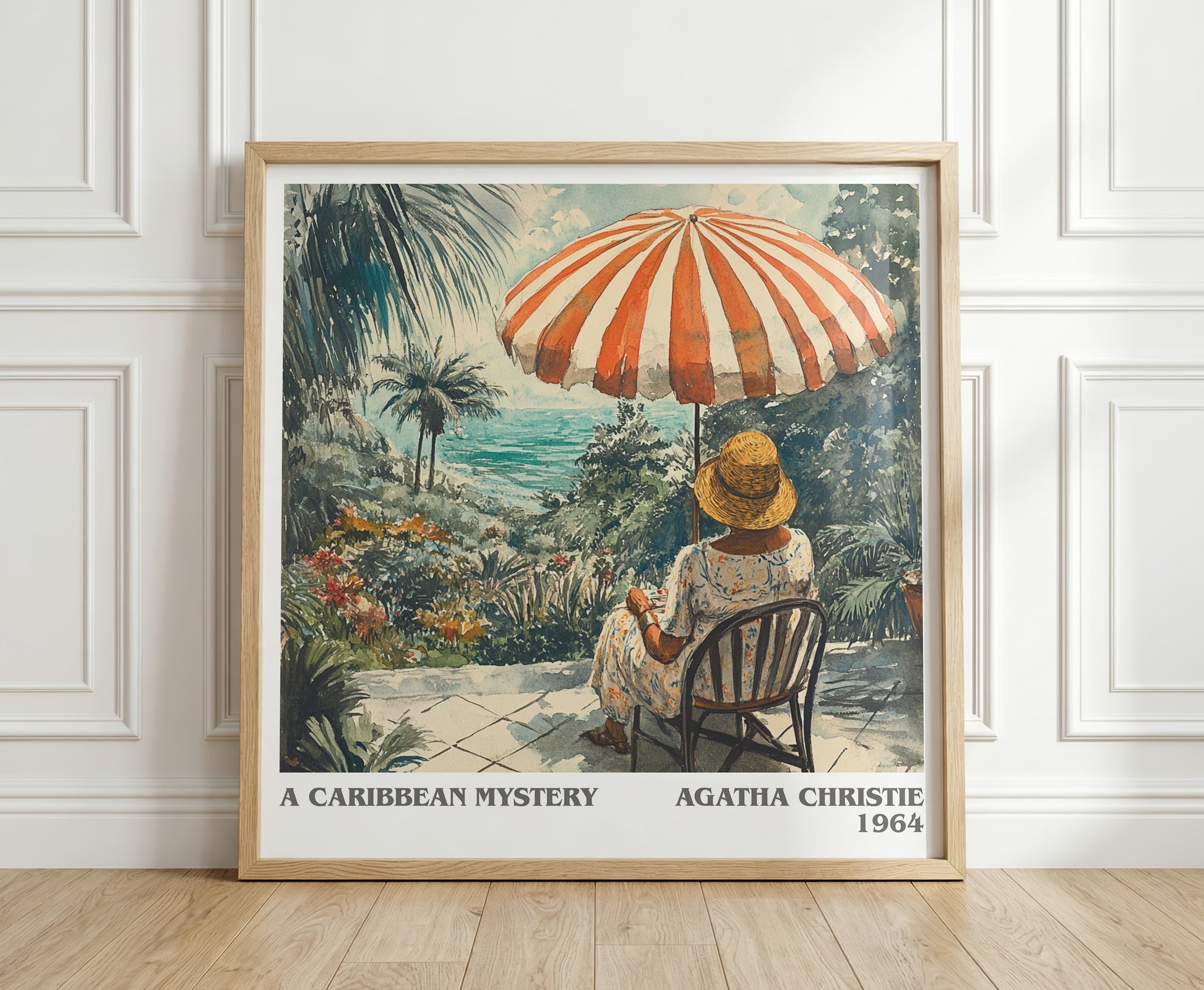 A Caribbean Mystery literary print in frame leaning in hallway – mystery wall art