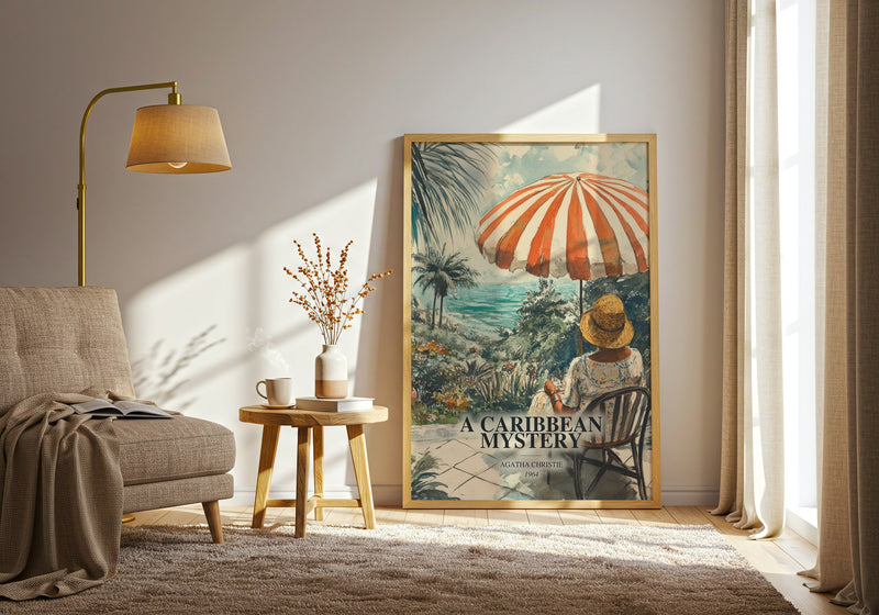 A Caribbean Mystery watercolour print in frame leaning in hallway – mystery wall art