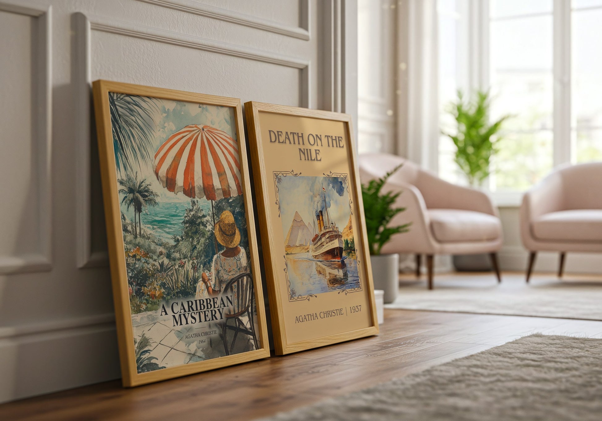 A Caribbean Mystery watercolour print framed by window – literary home decor