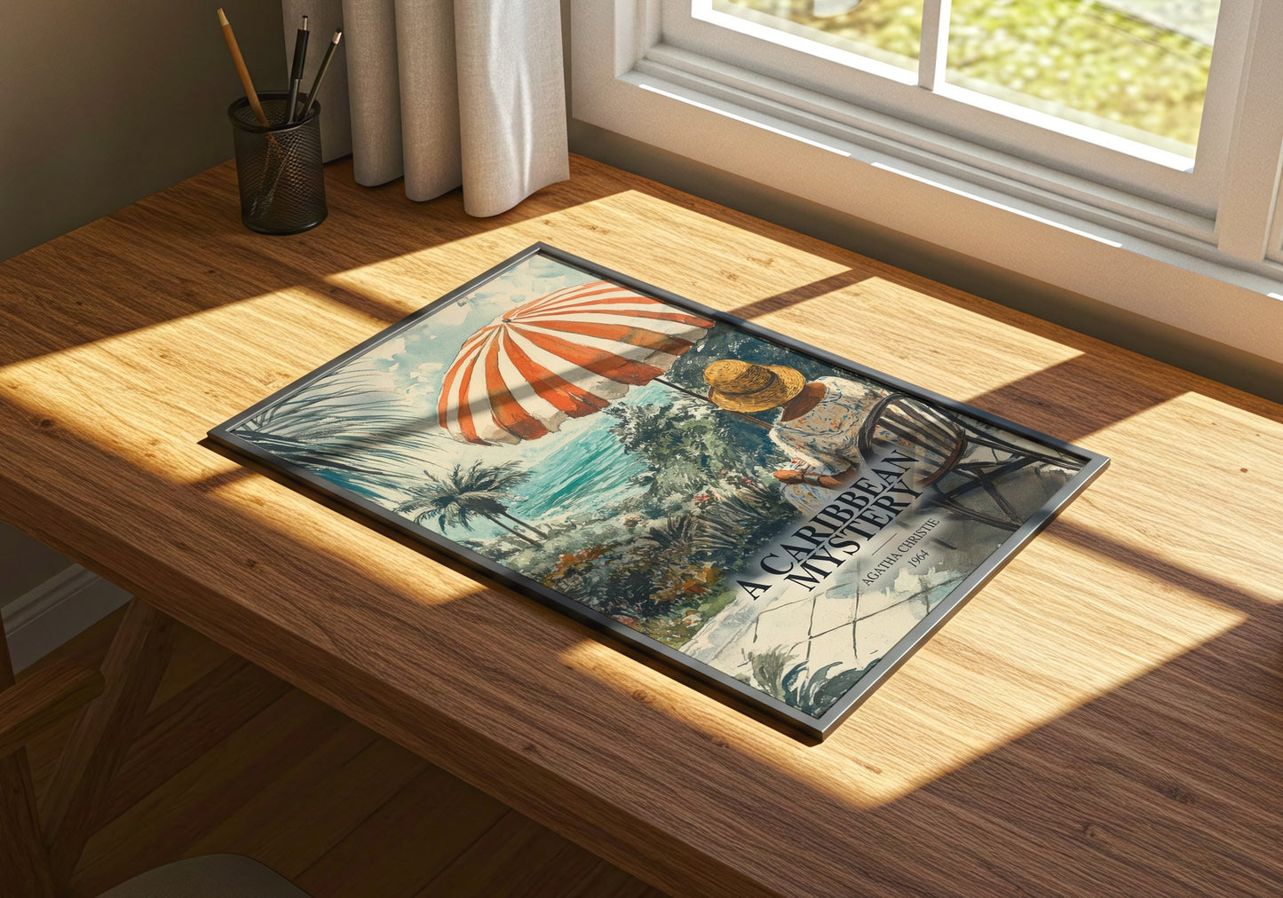A Caribbean Mystery watercolour book poster framed on wall – mystery wall art
