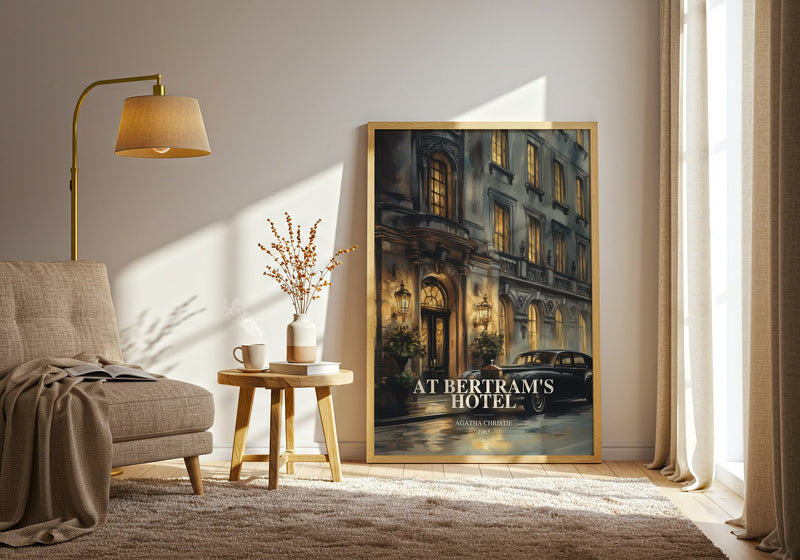 At Bertram'S Hotel watercolour print in frame leaning in hallway – mystery wall art