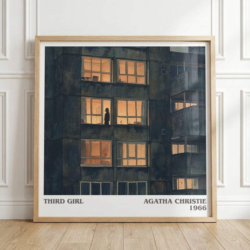 Third Girl literary print in frame leaning in hallway – mystery wall art