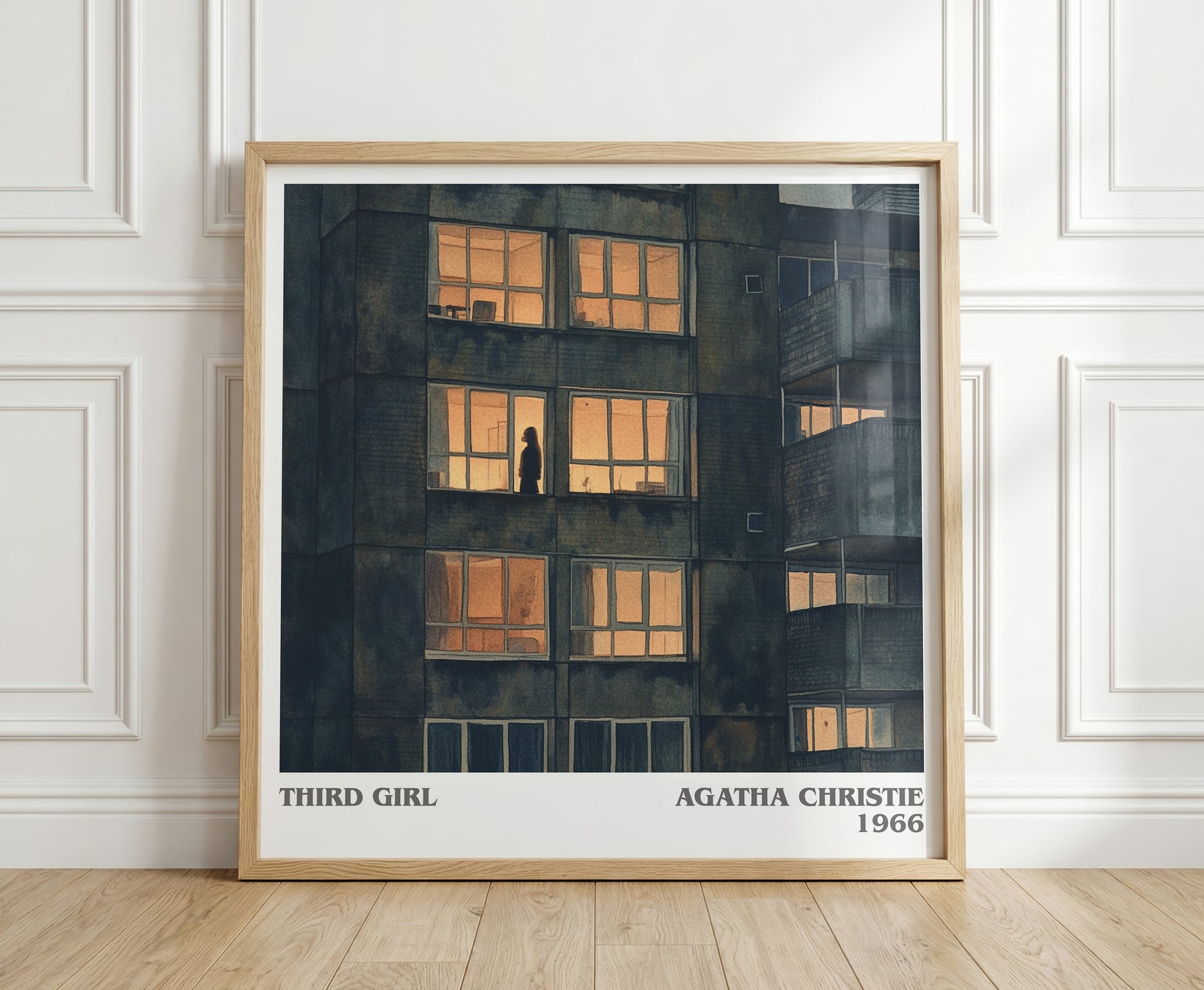 Third Girl literary print in frame leaning in hallway – mystery wall art
