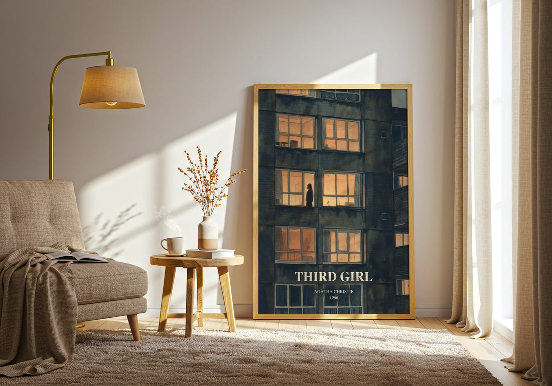 Third Girl watercolour print in frame leaning in hallway – mystery wall art (mockup)