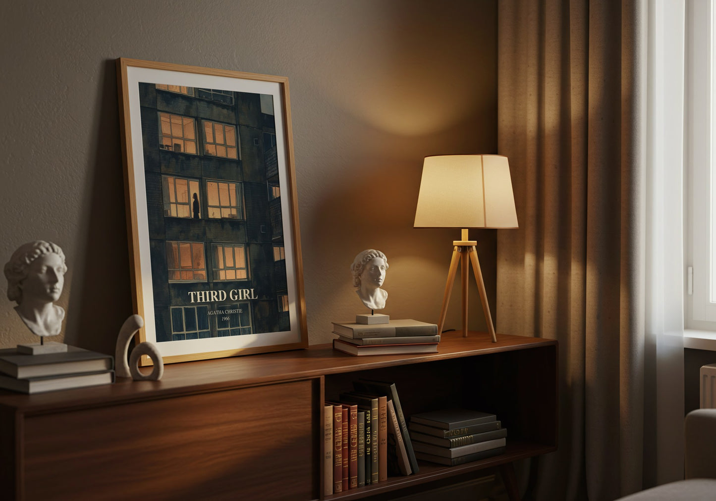 Third Girl watercolour print on bookshelf – Agatha Christie fan gift