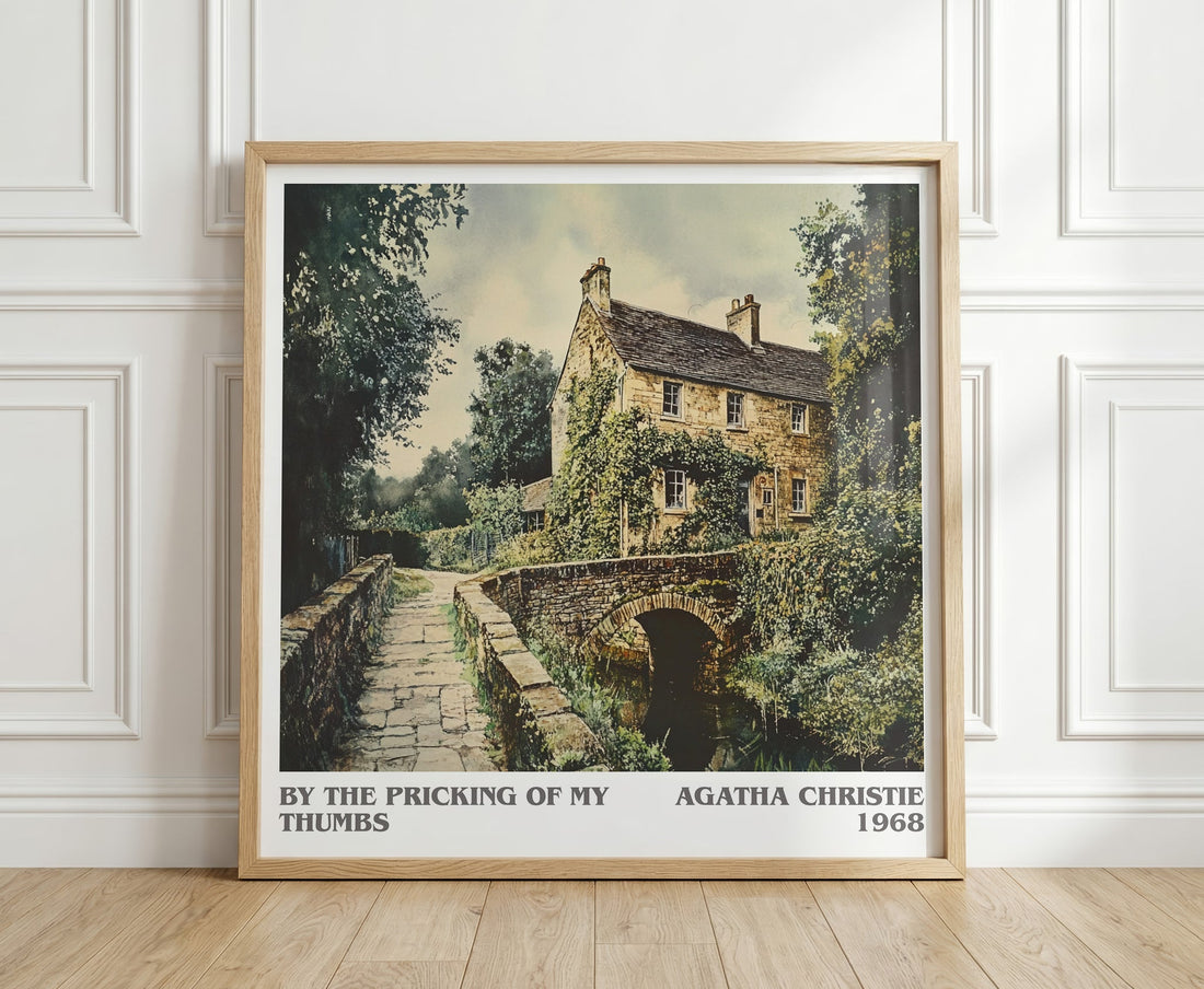 By the Pricking of My Thumbs literary print in frame leaning in hallway – mystery wall art (mockup)