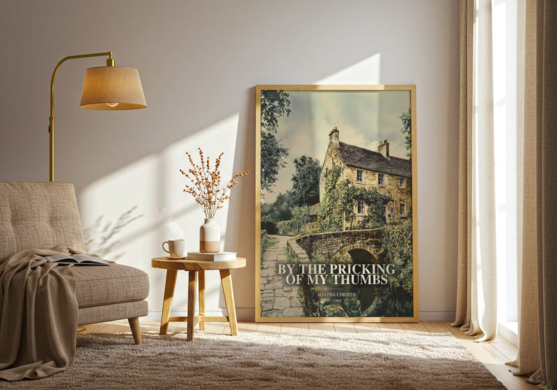 By The Pricking Of My Thumbs watercolour print in frame leaning in hallway – mystery wall art