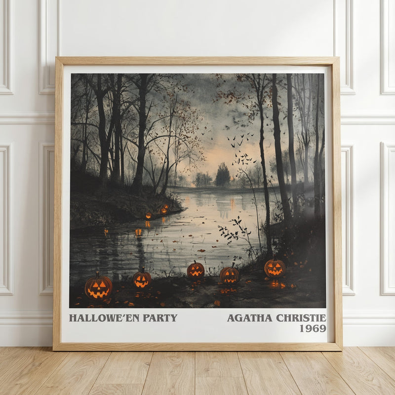 Hallowe'en Party literary print in frame leaning in hallway – mystery wall art