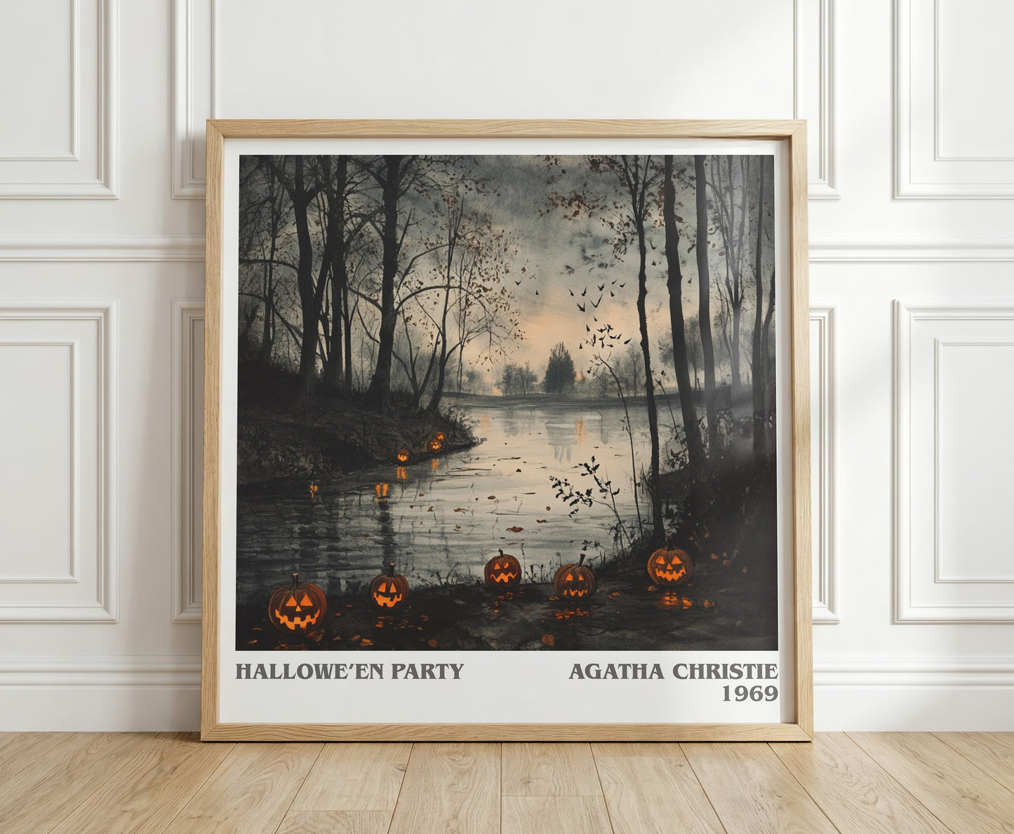 Hallowe'en Party literary print in frame leaning in hallway – mystery wall art