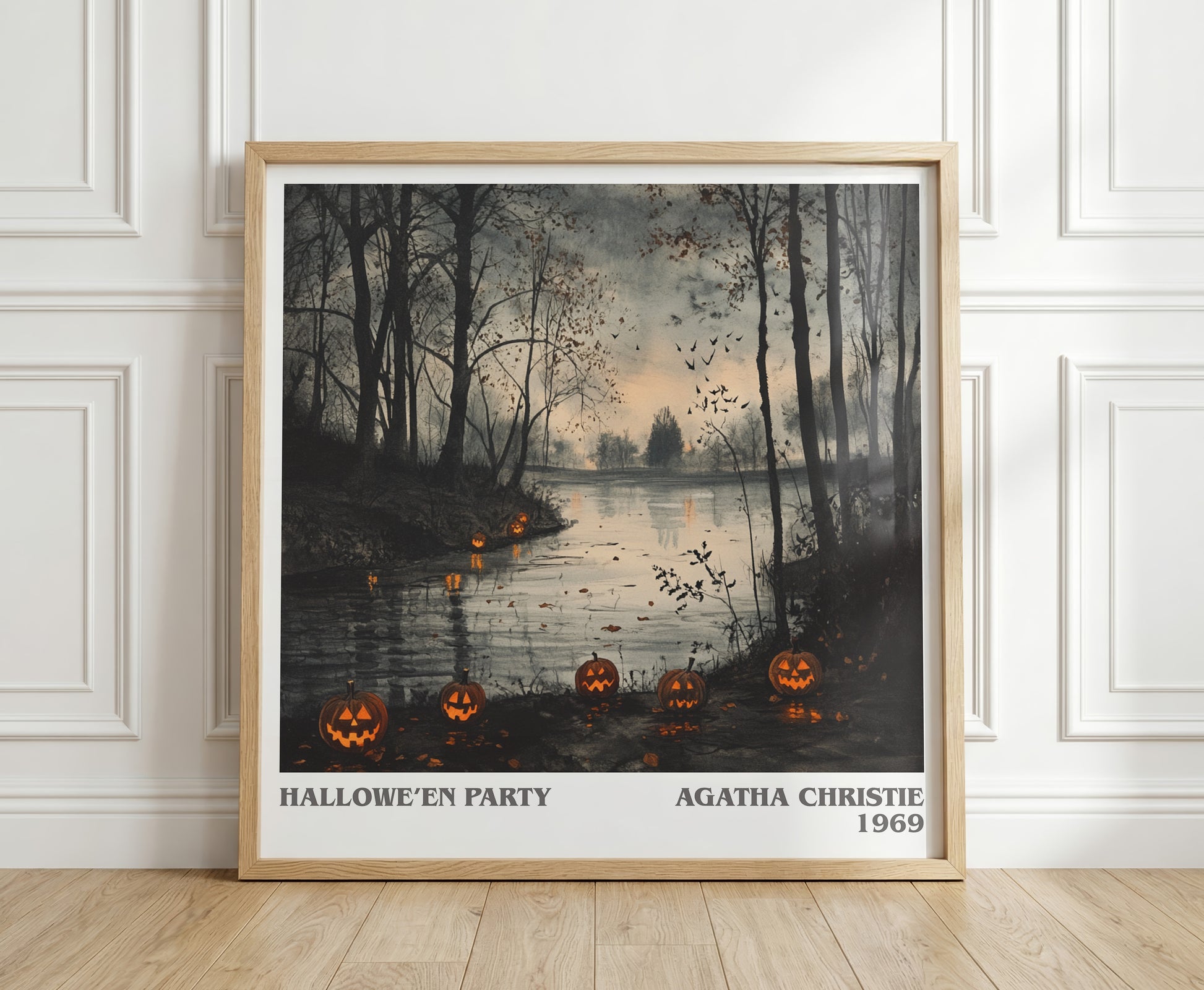 Hallowe'en Party literary print in frame leaning in hallway – mystery wall art
