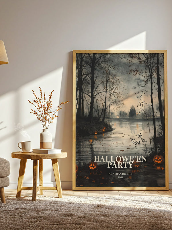 Hallowe'En Party watercolour print in frame leaning in hallway – mystery wall art