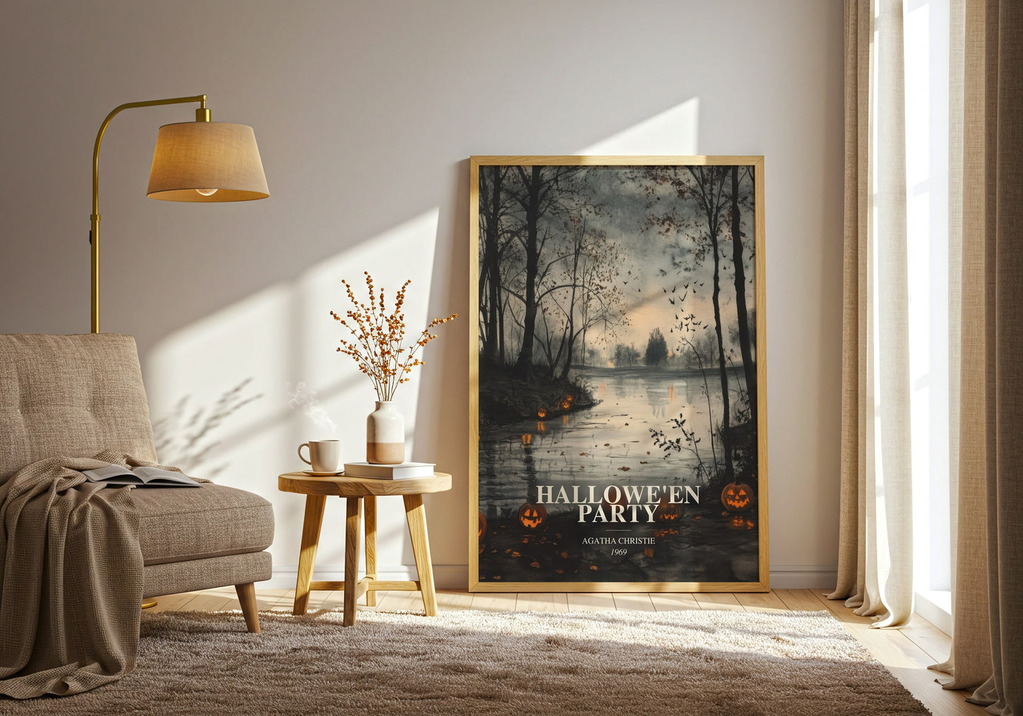 Hallowe'En Party watercolour print in frame leaning in hallway – mystery wall art