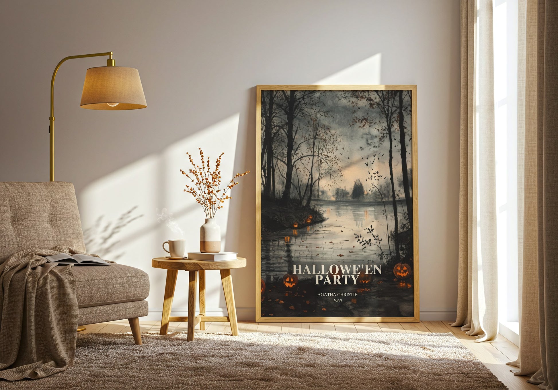 Hallowe'En Party watercolour print in frame leaning in hallway – mystery wall art