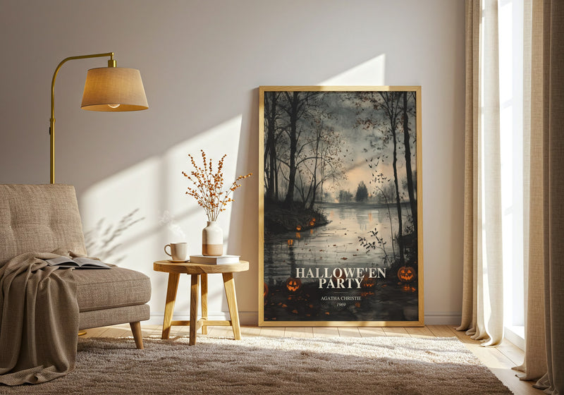 Hallowe'En Party watercolour print in frame leaning in hallway – mystery wall art